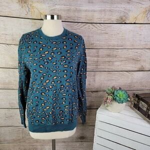 Koto Women's Cheetah Print Crew Neck Pullover Sweater Teal Blue Brown Size Small